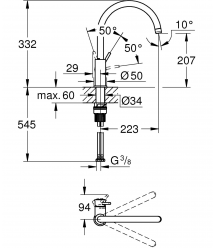 Grohe Смеситель для кухни BauClassic, дл.излива - 223мм, поворотный, 1рычаг, хром