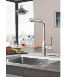 Grohe Смеситель для кухни Accent, дл.излива - 204мм, поворотный/вытяжной, 1рычаг, супер сталь