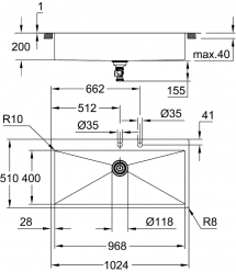 Grohe Мойка кухонная K800, нерж.сталь, прямоугольная, без крыла, 1024x510x200мм, чаша - 1, врезная, нержавеющая сталь