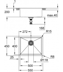 Grohe Мойка кухонная K700U, нерж.cталь, прямоуг., без крыла, 550x450x200мм, чаша - 1, универсальная, нержавеющая сталь
