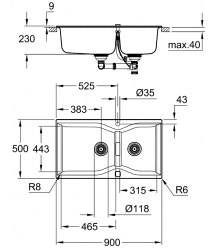 Grohe Мойка кухонная K700, гранит, прямоуг., без крыла, 838x560x241мм, чаша - 2, врезная/под столешницу, черный гранит