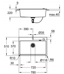 Grohe Мойка кухонная K700, гранит, прямоуг., без крыла, 780x510x220мм, чаша - 1, врезная, черный гранит
