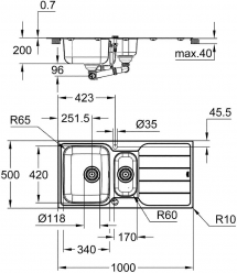 Grohe Мойка кухонная K500, нерж.cталь, прямоуг., с крылом, 1000x500x200мм, чаша - 2, врезная, нержавеющая сталь