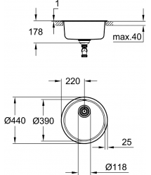 Grohe Мойка кухонная K200, нерж.cталь, круглая, без крыла, 440x440x178мм, чаша - 1, врезная, нержавеющая сталь