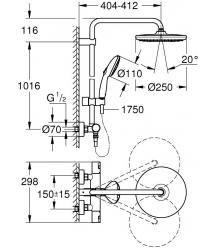 Grohe Душевая система Vitalio Start System 250 со смесителем-термостатом для душа, верхний душ, лейка, крепл. - на стойке, хром