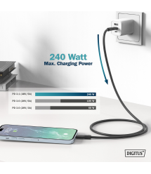 Digitus Кабель USB-C зарядки/синхронизации, 1м, USB 4.0 Gen3, 40G, 240W, 8K, силиконовый, черный