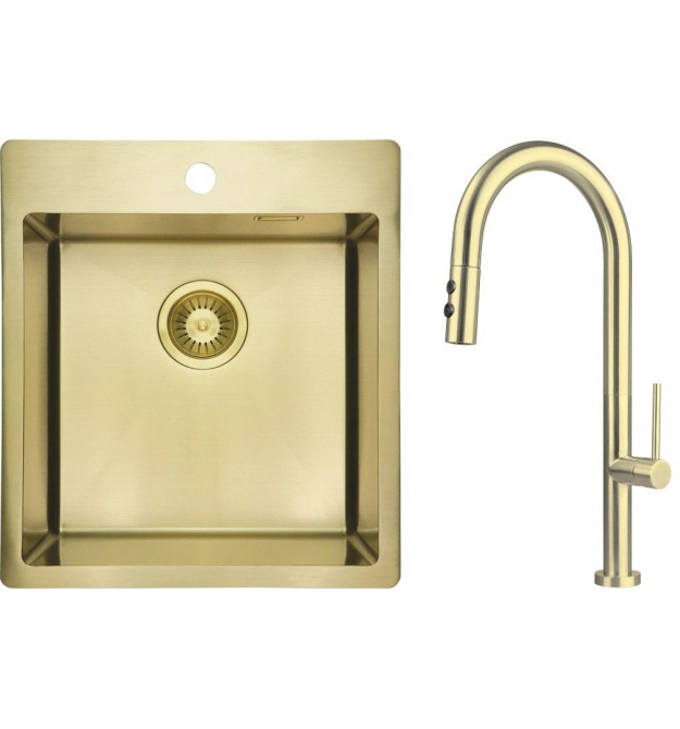 Deante Набор для кухни Olfato стальная мойка ZPO_R10A + смес. BQO_R72M, брашованое золото