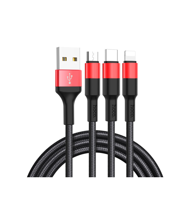 Кабель HOCO X26 USB-1 3 in 1 Micro - Iphone - Type-C, 2A, довжина 1м, Black - Red, Box