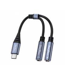 Перехідник VEGGIEG V-K204, 1 - Type-C(Male) to- 2 - Jack 3.5mm(F)(навушники + мікрофон), Black - Silver, Box