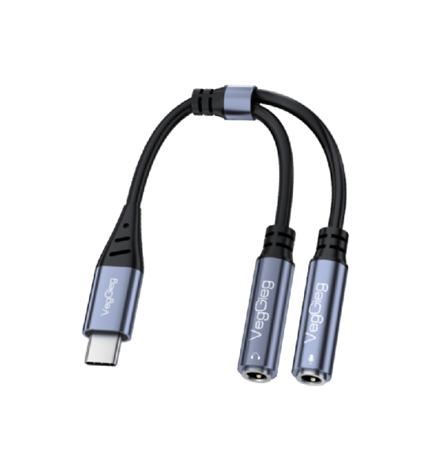 Перехідник VEGGIEG V-K204, 1 - Type-C(Male) to- 2 - Jack 3.5mm(F)(навушники + мікрофон), Black - Silver, Box