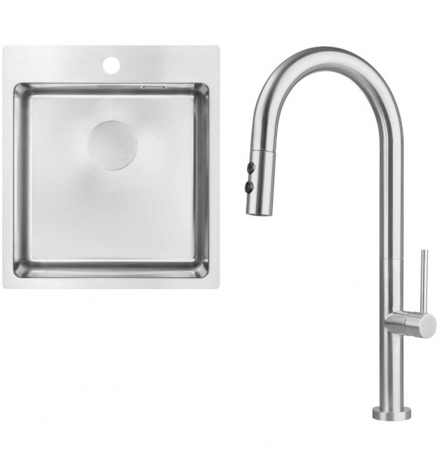 Deante Набор для кухни Olfato стальная мойка ZPO_010A + смес. BQO_F72M, матовая сталь