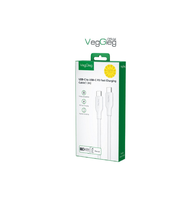 Кабель VEGGIEG V-M001C, Type-C(Male) to Type-C(Male) PD cable, 60 Вт, струм 3 А, 480 Мбіт - с, White, довжина 1,2 м, Box