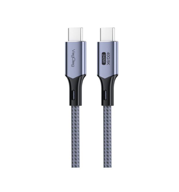 Кабель VEGGIEG V-U408, Type-C(Male) to Type-C(Male) PD cable, 240 Вт, струм 5 А, 40Gbps, Gray, довжина 0.5м, Box