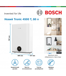 Bosch Водонагреватель электр. плоский слим Tronic 4500, 80 л, 1,5 кВт, ун. монтаж, эл. упр-ние, B, белый