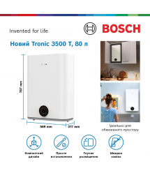 Bosch Водонагреватель электр. плоский слим Tronic 3500, 80 л, 1,5 кВт, ун. монтаж, эл. упр-ние, B, белый