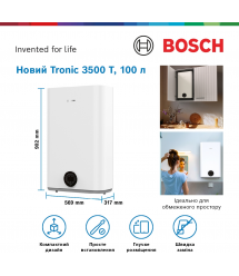 Bosch Водонагреватель электр. плоский слим Tronic 3500, 100 л, 1,5 кВт, ун. монтаж, эл. упр-ние, B, белый