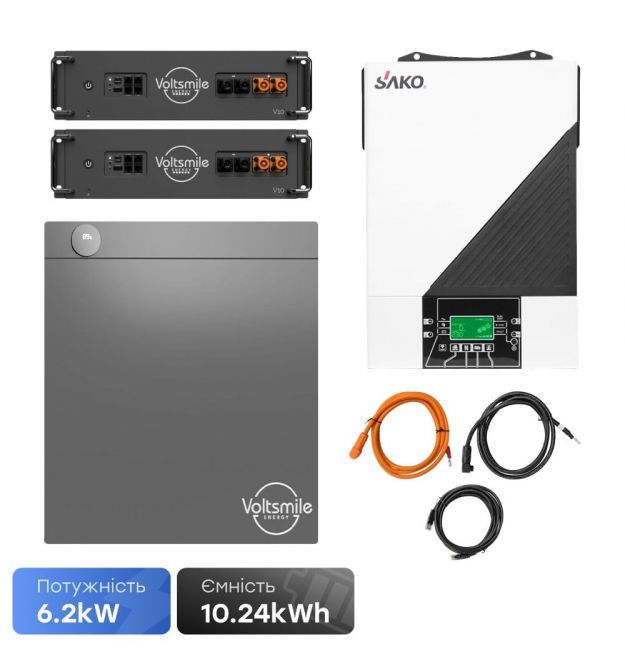 Комплект резервного живлення 6.2kW 10.24kWh: автономний інвертор Sako SUNON IV 6.2KW