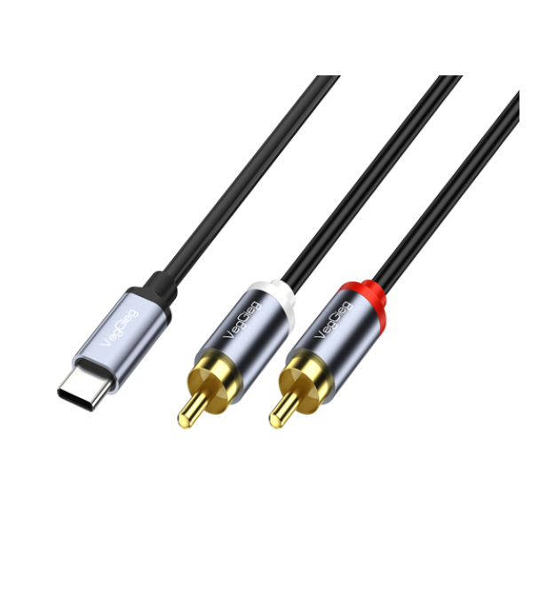 Кабель VEGGIEG V-A621 TypeC - 2хRCA (тато), GOLD Jack, круглий, Gray, 1.5 м, Пакет