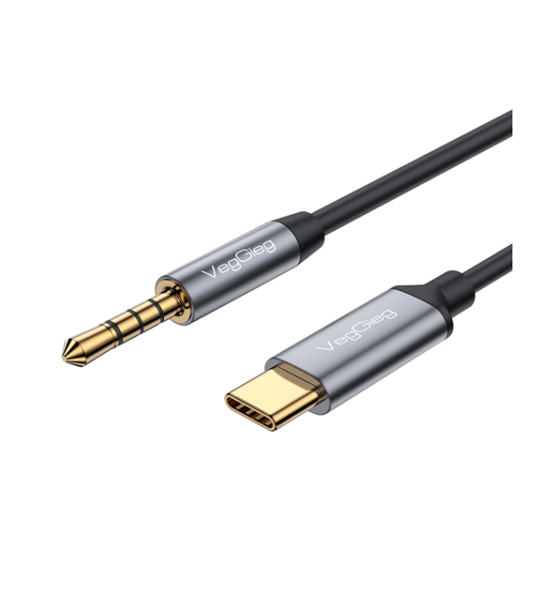 Кабель VEGGIEG V-A624 TypeC - 3.5mm (тато), GOLD Jack, круглий, Gray, 1м, Пакет