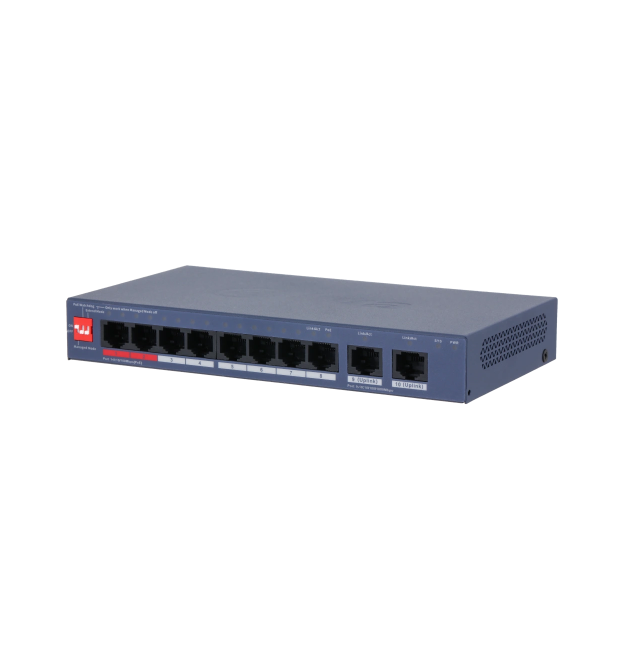 8-портовий керований PoE комутатор DH-CS4010-8ET2GT-110 з 8 портами POE 100Мбіт + 2 порти UP-Link 1000Мбіт, 185x104x27 мм