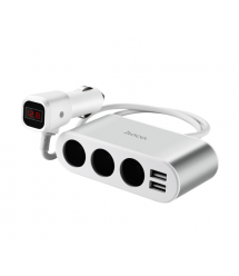 АЗУ-розгалужувач Hoco Z13. In: 12-24V. 3 гнізда прикурювача. 2 порти USB (2.1A). LED дисплей. Grey. Box