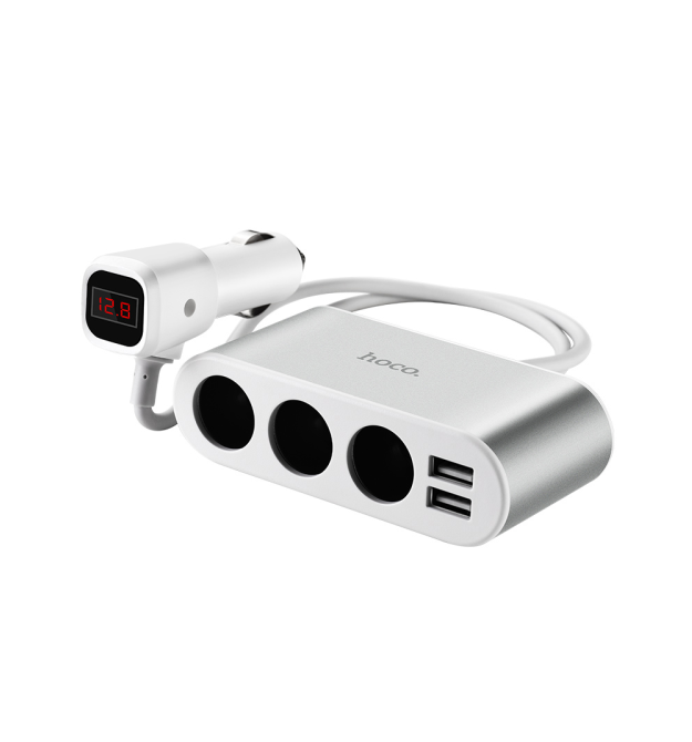 АЗУ-розгалужувач Hoco Z13. In: 12-24V. 3 гнізда прикурювача. 2 порти USB (2.1A). LED дисплей. Grey. Box