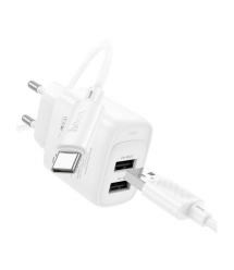 Набір СЗУ 110-240V HOCO C141A + кабель Type-C, 2xUSB, PD20W, 1м кабель, White, Box