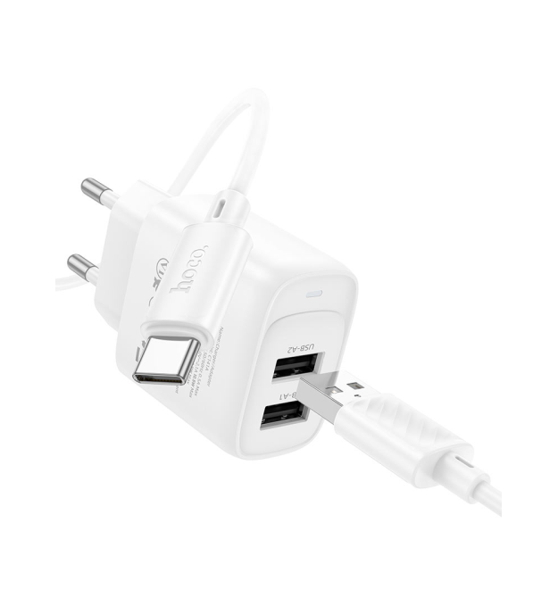 Набір СЗУ 110-240V HOCO C141A + кабель Type-C, 2xUSB, PD20W, 1м кабель, White, Box