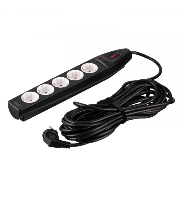 2E Подовжувач-фільтр мережевий 2E 5xТип F, 3x1.5мм кв, 16A, з захистом від перенапруги, 10м, чорний