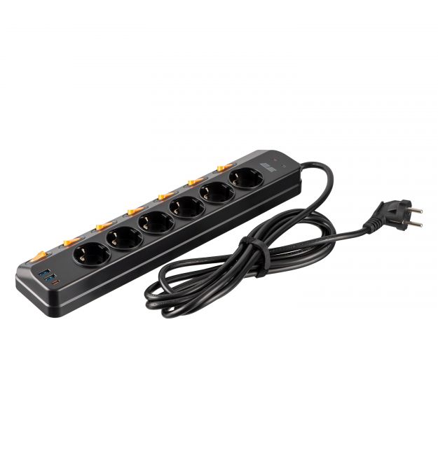 2E Подовжувач-фільтр мережевий 2E 6xТип F, 3x1.5мм кв, 16A, з захистом від перенапруги, 2xUSB-A, 1x USB-C, 3м, чорний