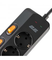 2E Подовжувач-фільтр мережевий 2E 6xТип F, 3x1.5мм кв, 16A, з захистом від перенапруги, 2xUSB-A, 1x USB-C, 3м, чорний