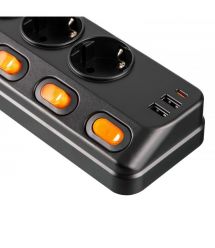 2E Подовжувач-фільтр мережевий 2E 6xТип F, 3x1.5мм кв, 16A, з захистом від перенапруги, 2xUSB-A, 1x USB-C, 3м, чорний