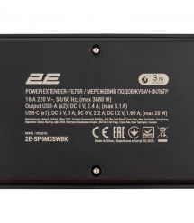 2E Подовжувач-фільтр мережевий 2E 6xТип F, 3x1.5мм кв, 16A, з захистом від перенапруги, 2xUSB-A, 1x USB-C, 3м, чорний