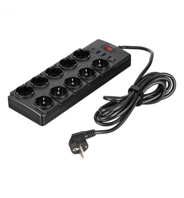2E Подовжувач-фільтр мережевий 2E 10xТип F, 3x1.5мм кв, 16A, з захистом від перенапруги, 3xUSB-A, 1xUSB-C, 3м, чорний