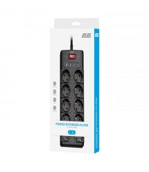 2E Подовжувач-фільтр мережевий 2E 10xТип F, 3x1.5мм кв, 16A, з захистом від перенапруги, 3xUSB-A, 1xUSB-C, 3м, чорний