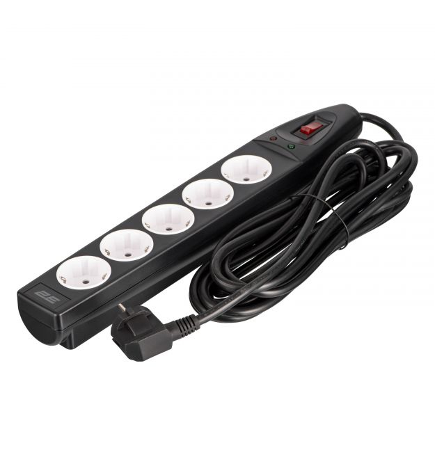 2E Подовжувач-фільтр мережевий 2E 5xТип F, 3x1.5мм кв, 16A, з захистом від перенапруги, 5м, чорний