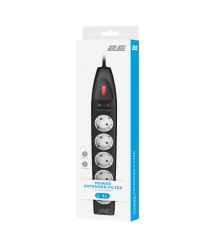 2E Подовжувач-фільтр мережевий 2E 5xТип F, 3x1.5мм кв, 16A, з захистом від перенапруги, 5м, чорний