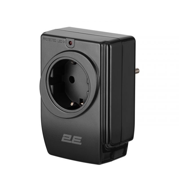 2E Мережевий адаптер 2E 1XSchuko із захистом від сплесків напруги, 2*USB-A, чорний