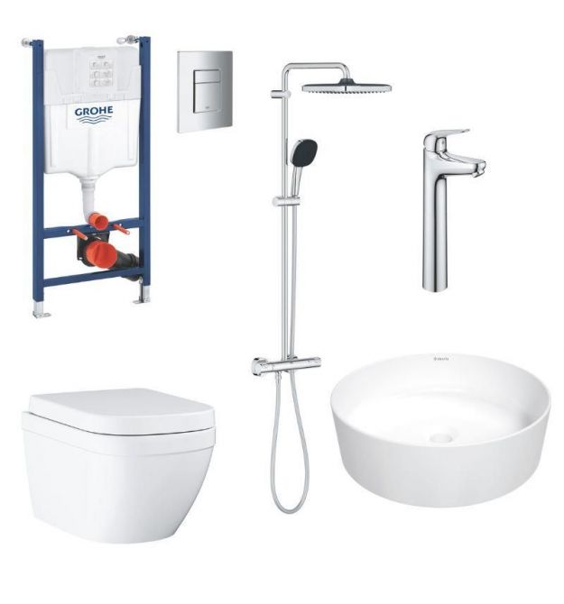 Grohe Комплект Mega Bundle унитаз с инсталляцией, раковина со смесителем и душевая система