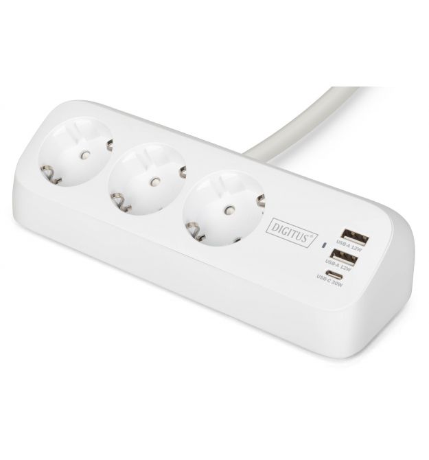Digitus Блок розеток DIGITUS Office, 3xSchuko, 2xUSB-A, 1xUSB-C, 16A, 1.5м, вилка Schuko, білий
