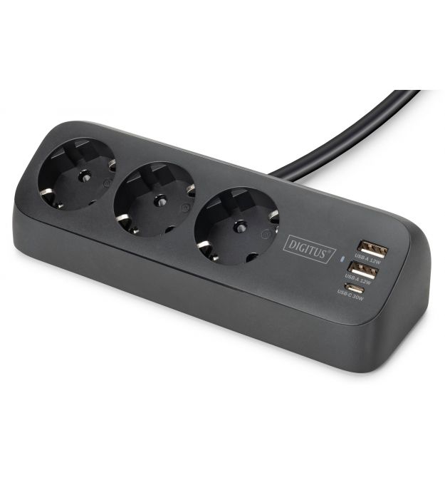 Digitus Блок розеток DIGITUS Office, 3xSchuko, 2xUSB-A, 1xUSB-C, 16A, 1.5м, вилка Schuko, чорний