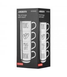 ARDESTO Набор чашек на подставке, 4шт., 320мл, керамика, металл, белый