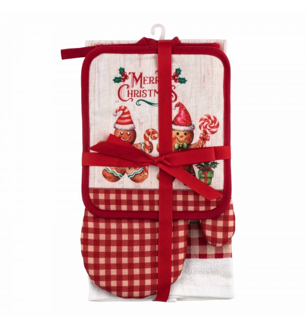 ARDESTO Подарочный набор для кухни Christmas Gingerbread, 3шт, 100% хлопок (полотенце), 100% полиэстер (прихватки), красный