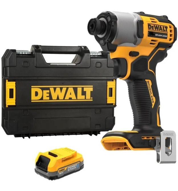 DeWALT Шурупокрут ударний акумуляторний DeWalt XR Li-Ion PowerStack 18В 1х1.7А·год 192Нм 3200об/хв 4200уд/хв кейс 0.88кг без ЗП