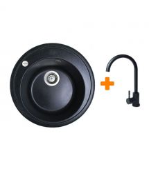 Adamant Набор кухонная Sun, искуственный камень, круглая, без крыла, 510x200мм, чаша - 1, врезная, черный + смеситель