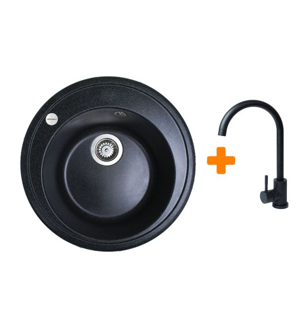 Adamant Набор кухонная Sun, искуственный камень, круглая, без крыла, 510x200мм, чаша - 1, врезная, черный + смеситель