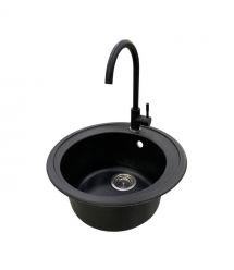 Adamant Набор кухонная Sun, искуственный камень, круглая, без крыла, 510x200мм, чаша - 1, врезная, черный + смеситель