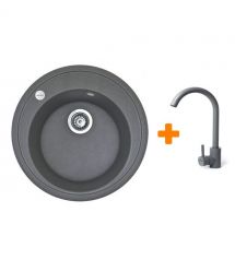 Adamant Набор кухонная Sun, искуственный камень, круглая, без крыла, 510x200мм, чаша - 1, врезная, серый + смеситтель