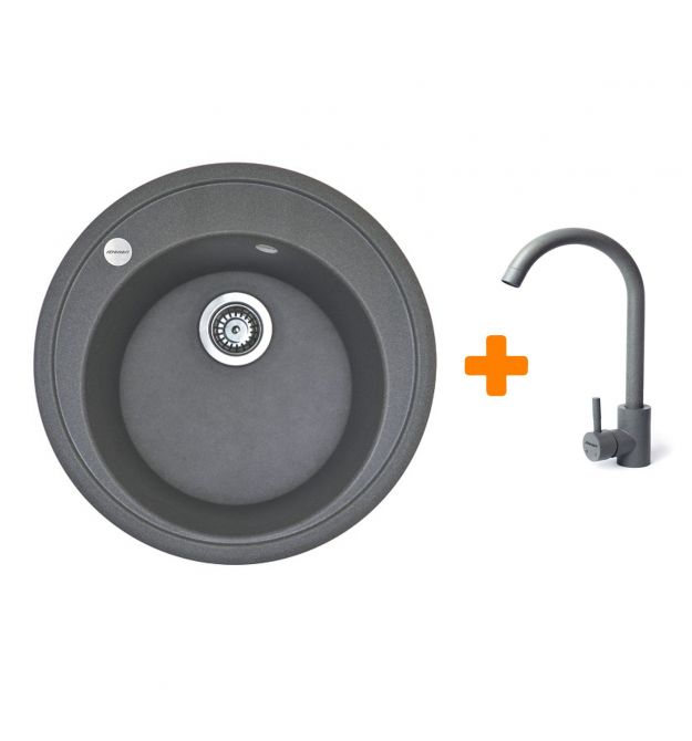 Adamant Набор кухонная Sun, искуственный камень, круглая, без крыла, 510x200мм, чаша - 1, врезная, серый + смеситтель