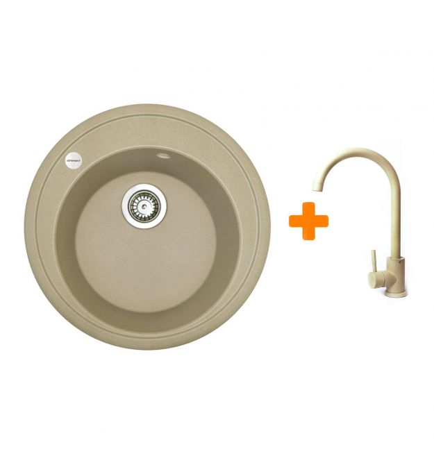 Adamant Набор кухонная Sun, искуственный камень, круглая, без крыла, 510x200мм, чаша - 1, врезная, Сахара + смеситель